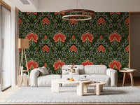 Bright living nook feels richer with Intricate floral damask red Wallpaper 