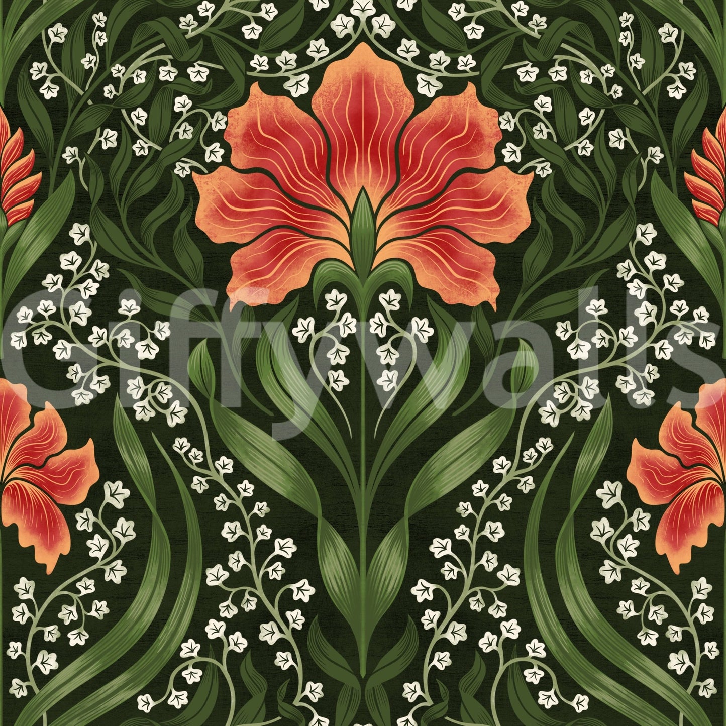 Lounge corner feels more inviting with Intricate floral damask red Wallpaper in view
