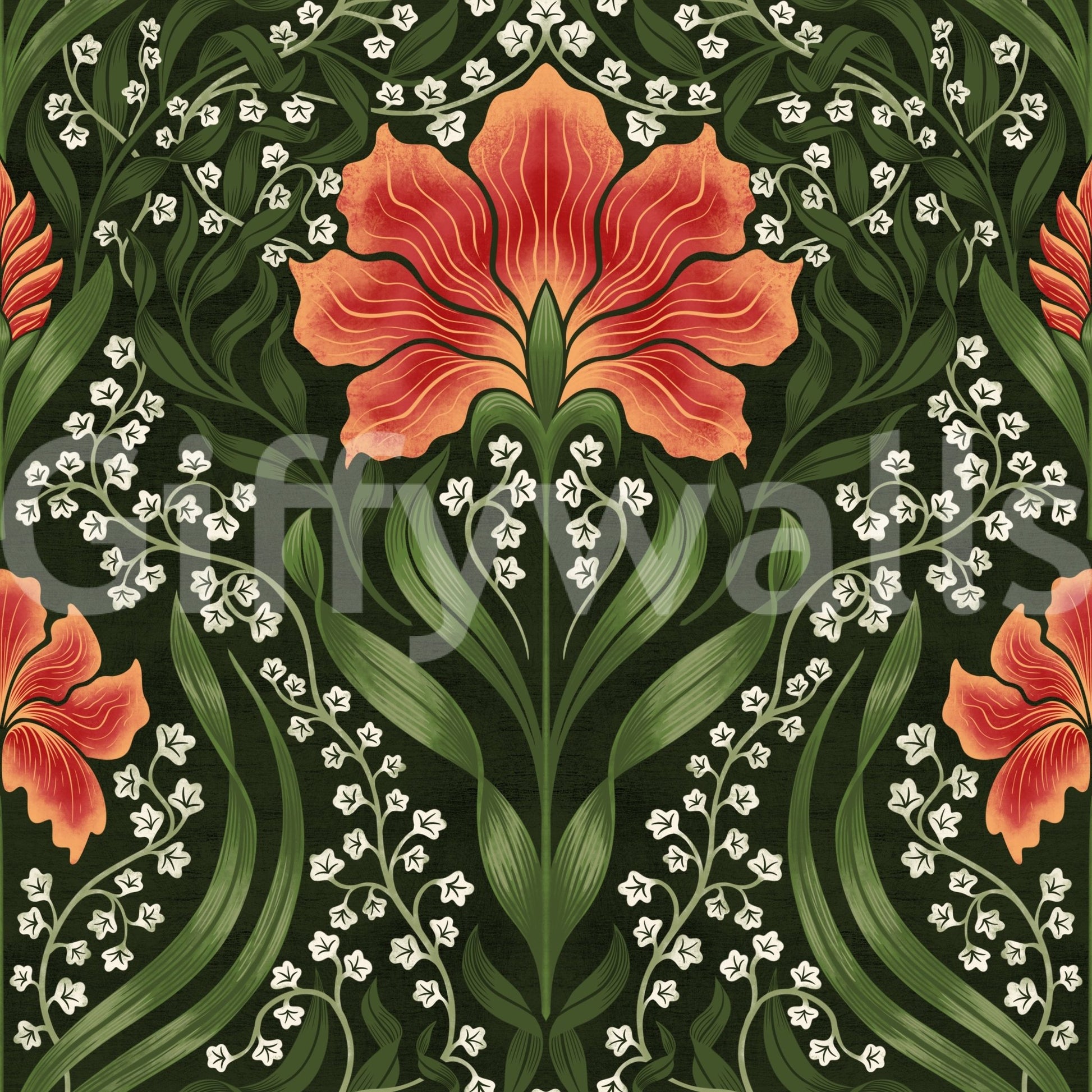 Lounge corner feels more inviting with Intricate floral damask red Wallpaper in view