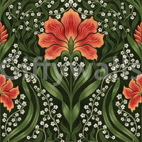 Lounge corner feels more inviting with Intricate floral damask red Wallpaper in view