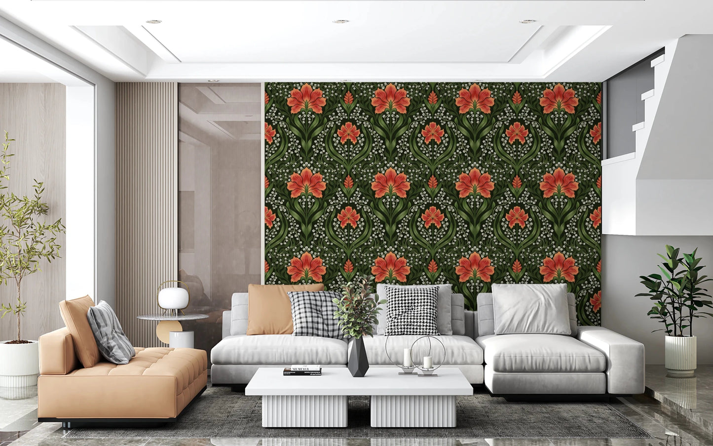 Open lounge styled in Intricate floral damask red Wallpaper and deep floral detail