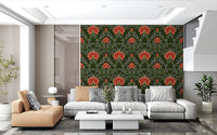 Open lounge styled in Intricate floral damask red Wallpaper and deep floral detail