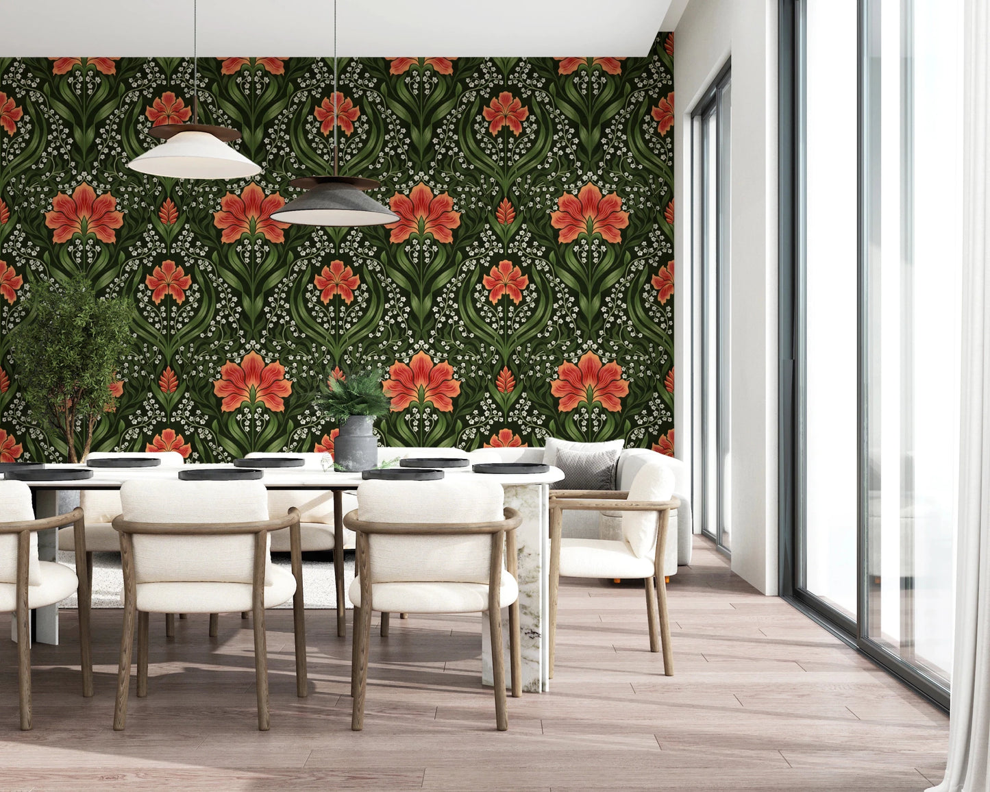 Dining space feels more dramatic with Intricate floral damask red Wallpaper behind it