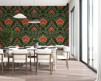 Dining space feels more dramatic with Intricate floral damask red Wallpaper behind it