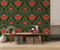 Console is lifted by Intricate floral damask red Wallpaper and layered damask motifs