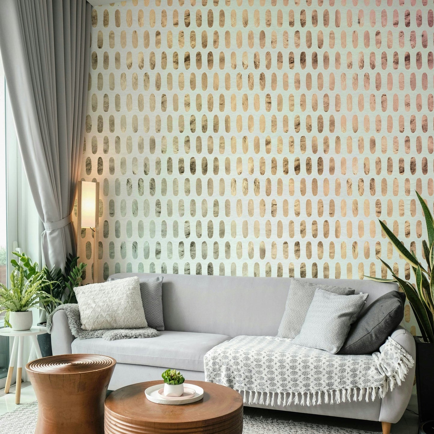 Stunning soft white mural with iridescent oval accents.

