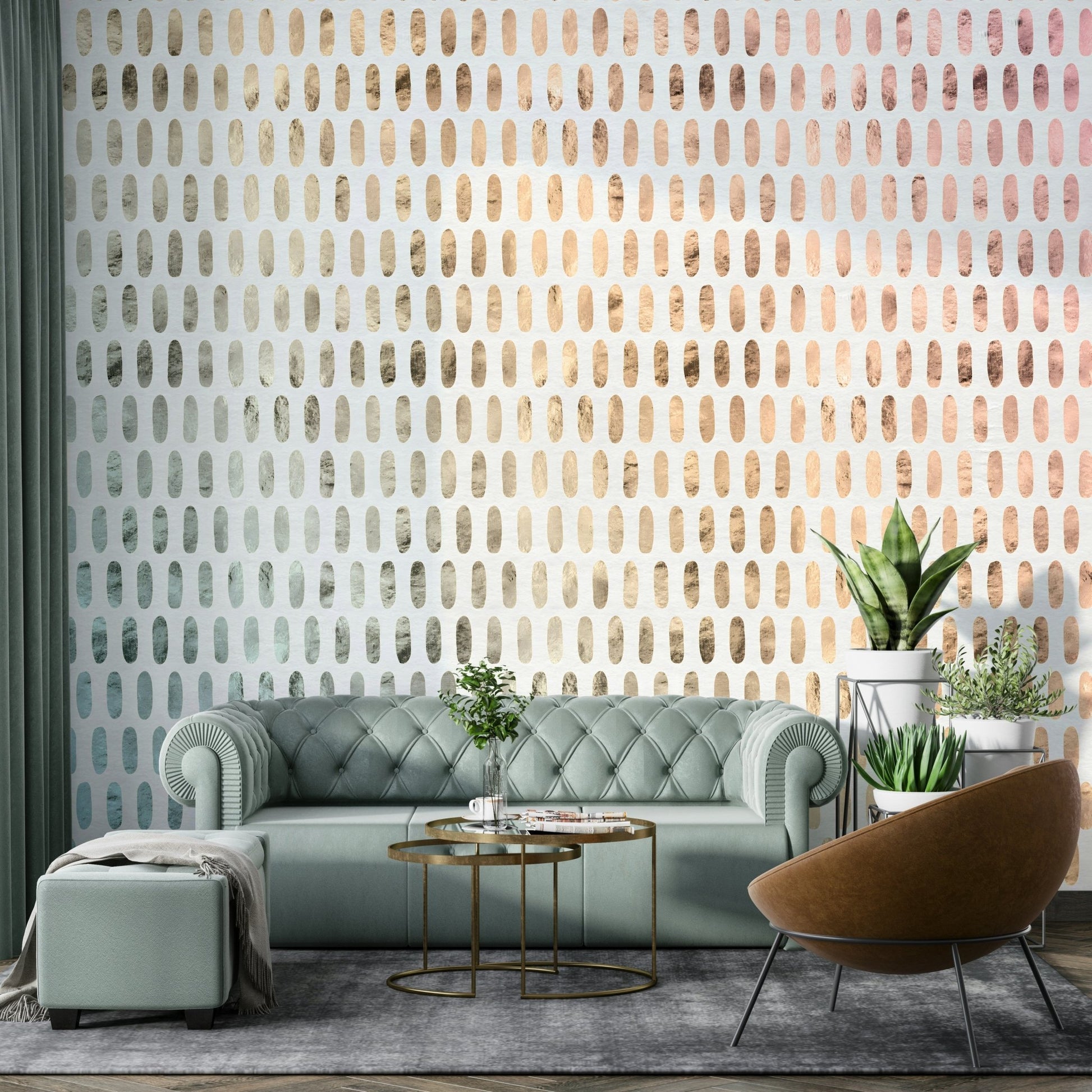 Elegant white mural with shimmering iridescent ovals.

