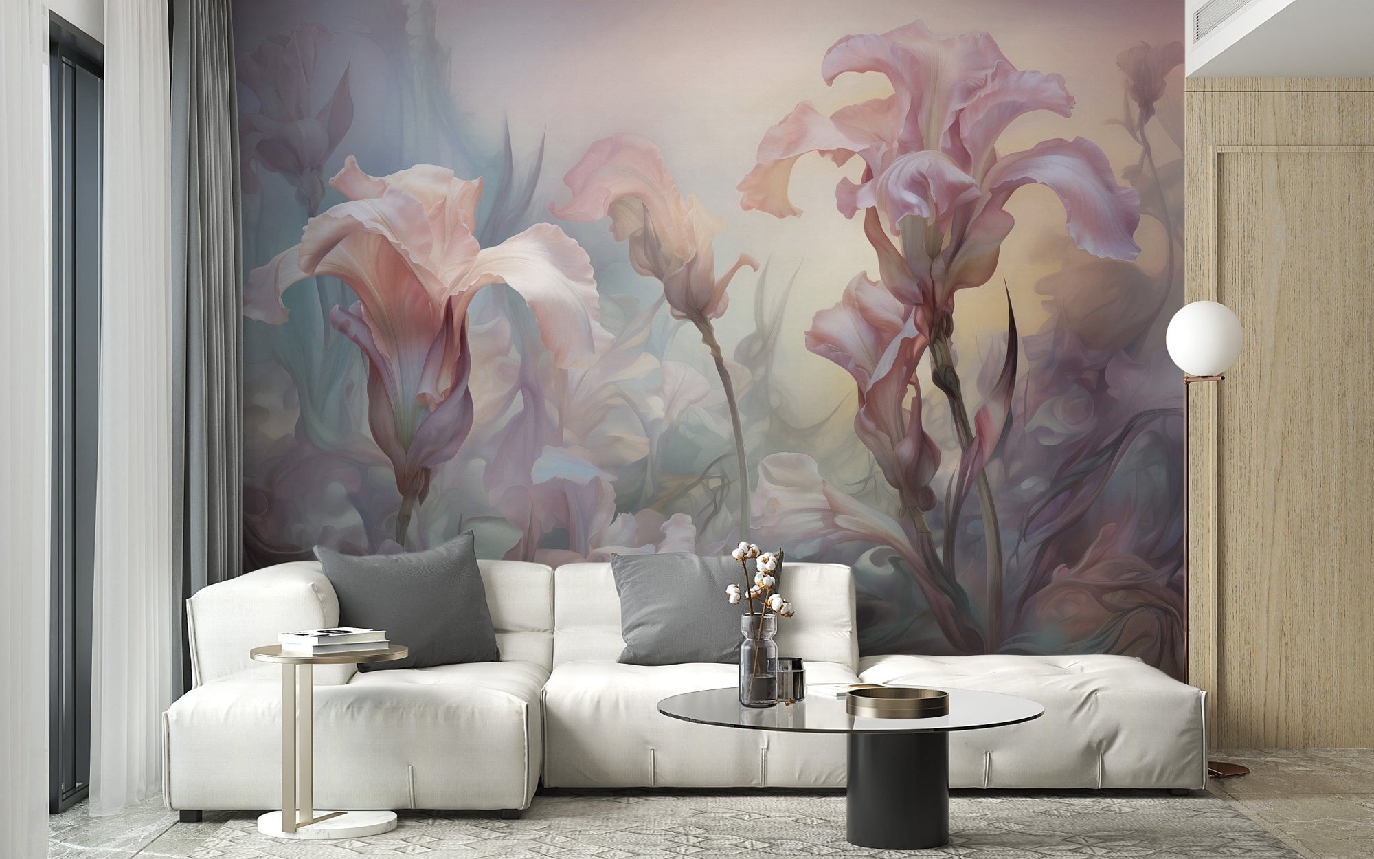 Iris pale pastel floral wallpaper mural for a soft, elegant ambiance. DTIL35