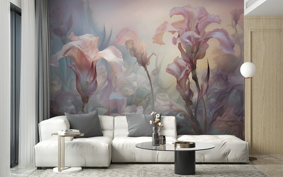 Iris pale pastel floral wallpaper mural for a soft, elegant ambiance. DTIL35