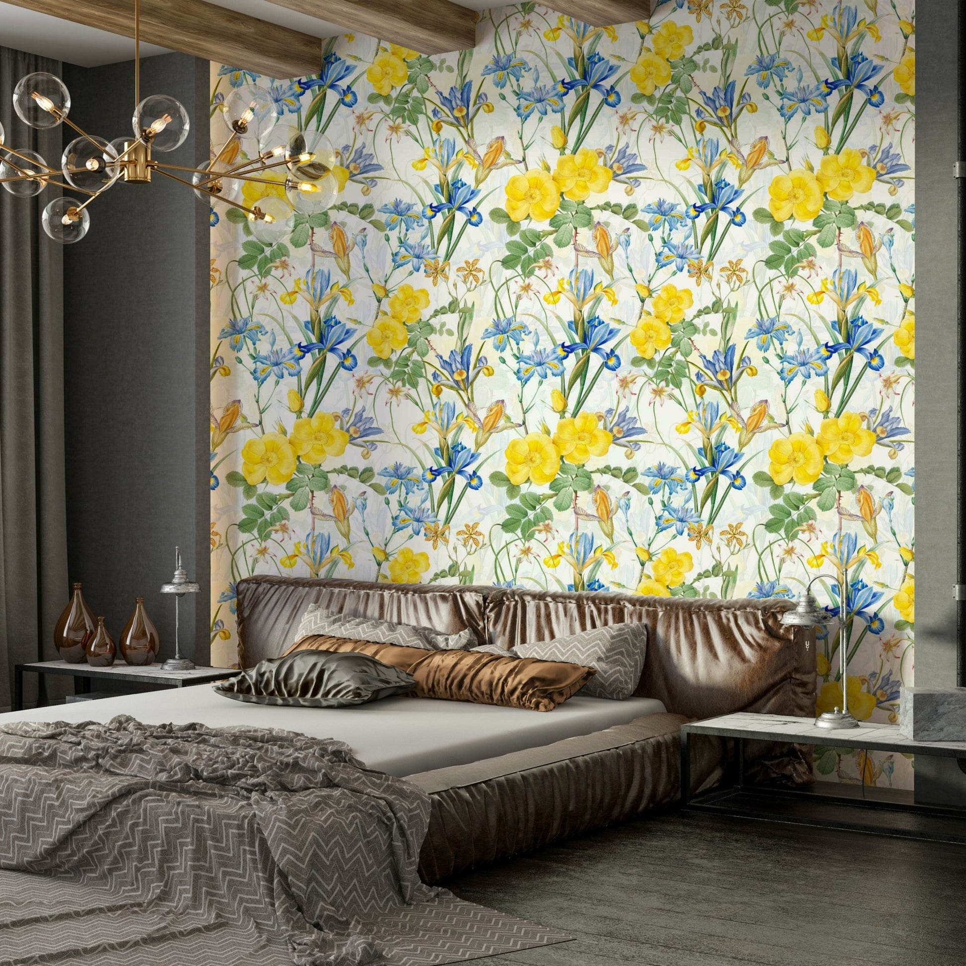 Beautiful Iris flowers paired with soft rose blooms on wallpaper

