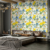 Beautiful Iris flowers paired with soft rose blooms on wallpaper

