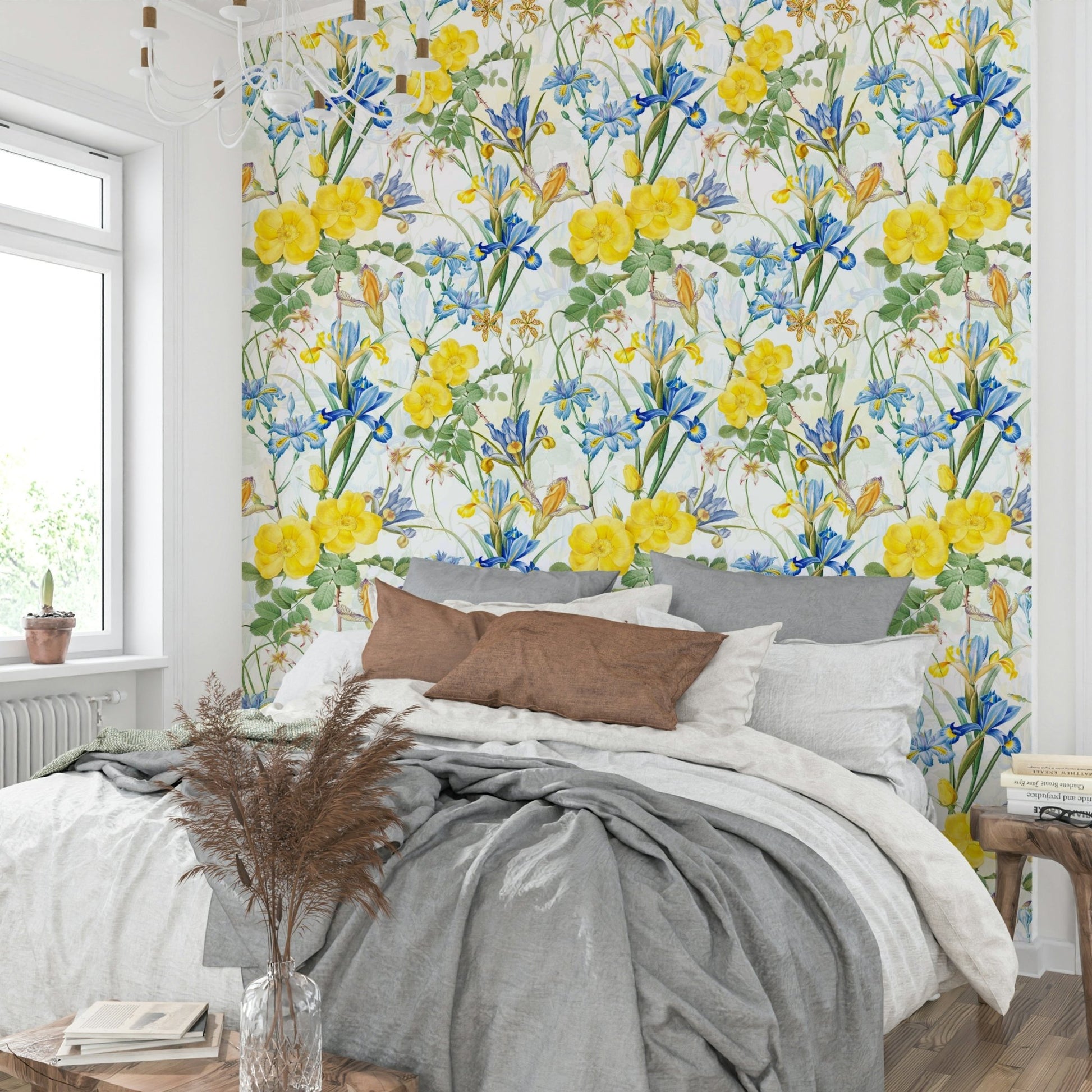 Intricate Iris & Rose Garden floral wallpaper in soft tones

