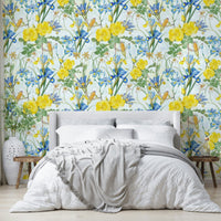 Fresh Iris & Rose Garden wallpaper creating a calming ambiance

