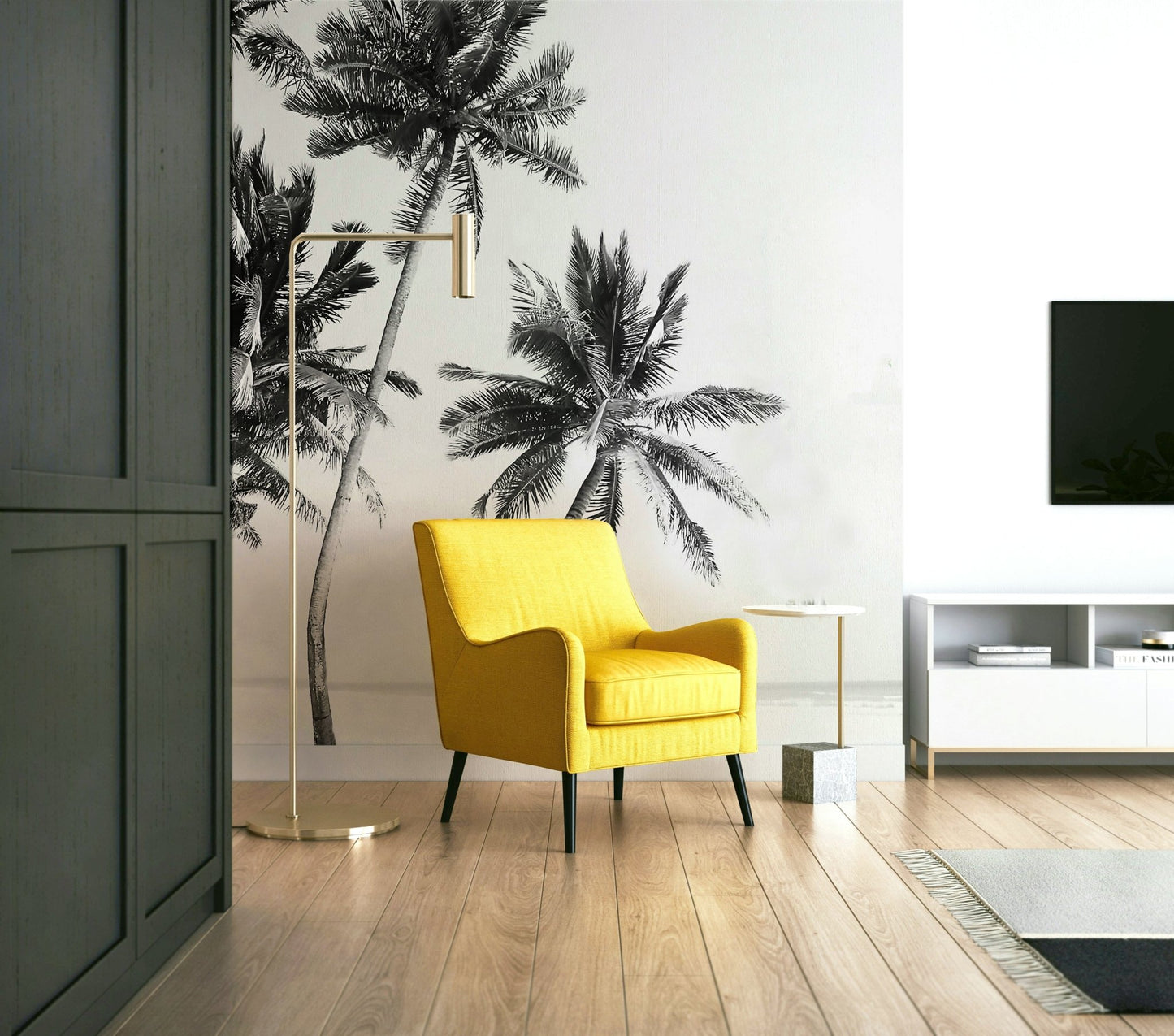 Island coast with leaning palms

