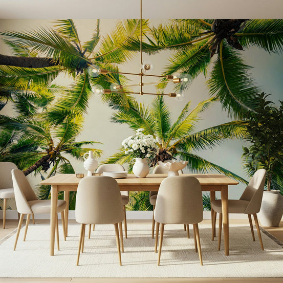 Island Breeze wall mural showing coconut palms reaching into a pale sky GD7374