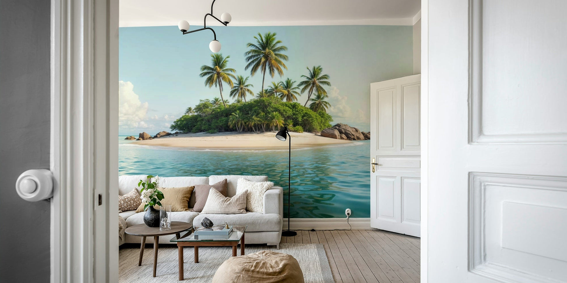 Palm trees are silhouetted against a soft, colorful sky.

