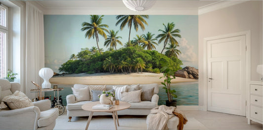 A peaceful tropical island scene at sunrise or sunset.

