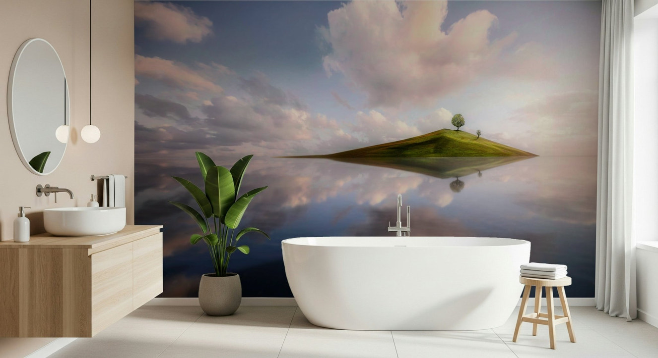 A beautiful tropical island wallpaper mural with subtle, dreamy light.