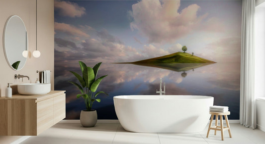 A beautiful tropical island wallpaper mural with subtle, dreamy light.