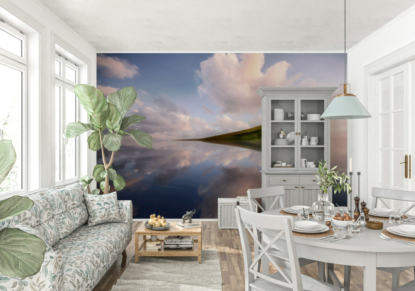 A calming underwater design wallpaper mural that defines a space.