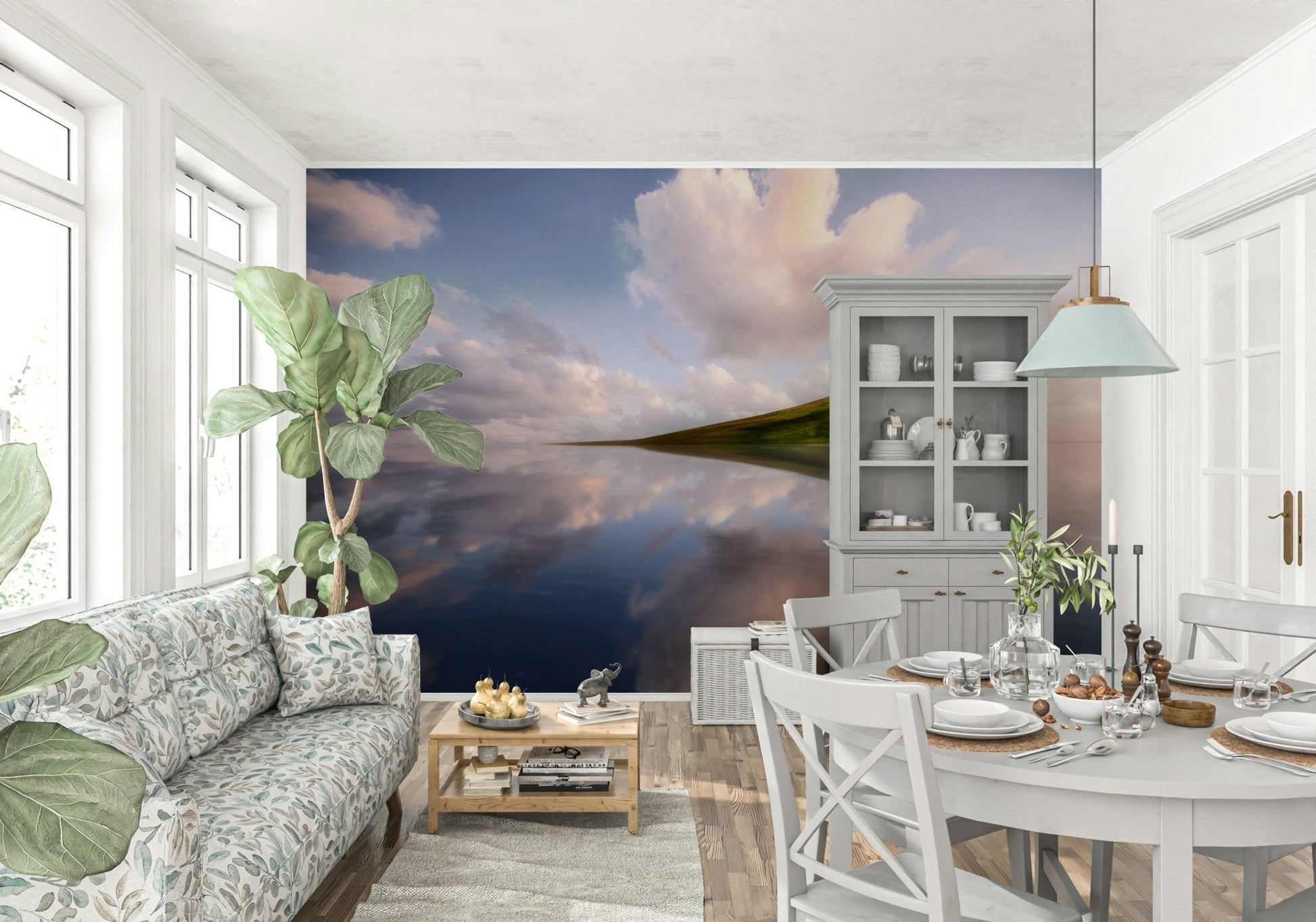 A calming underwater design wallpaper mural that defines a space.