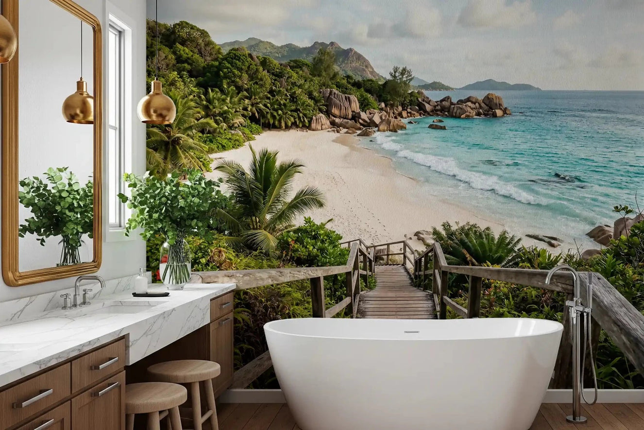 island Turquoise lagoon shores wall mural in a bathroom GD9622