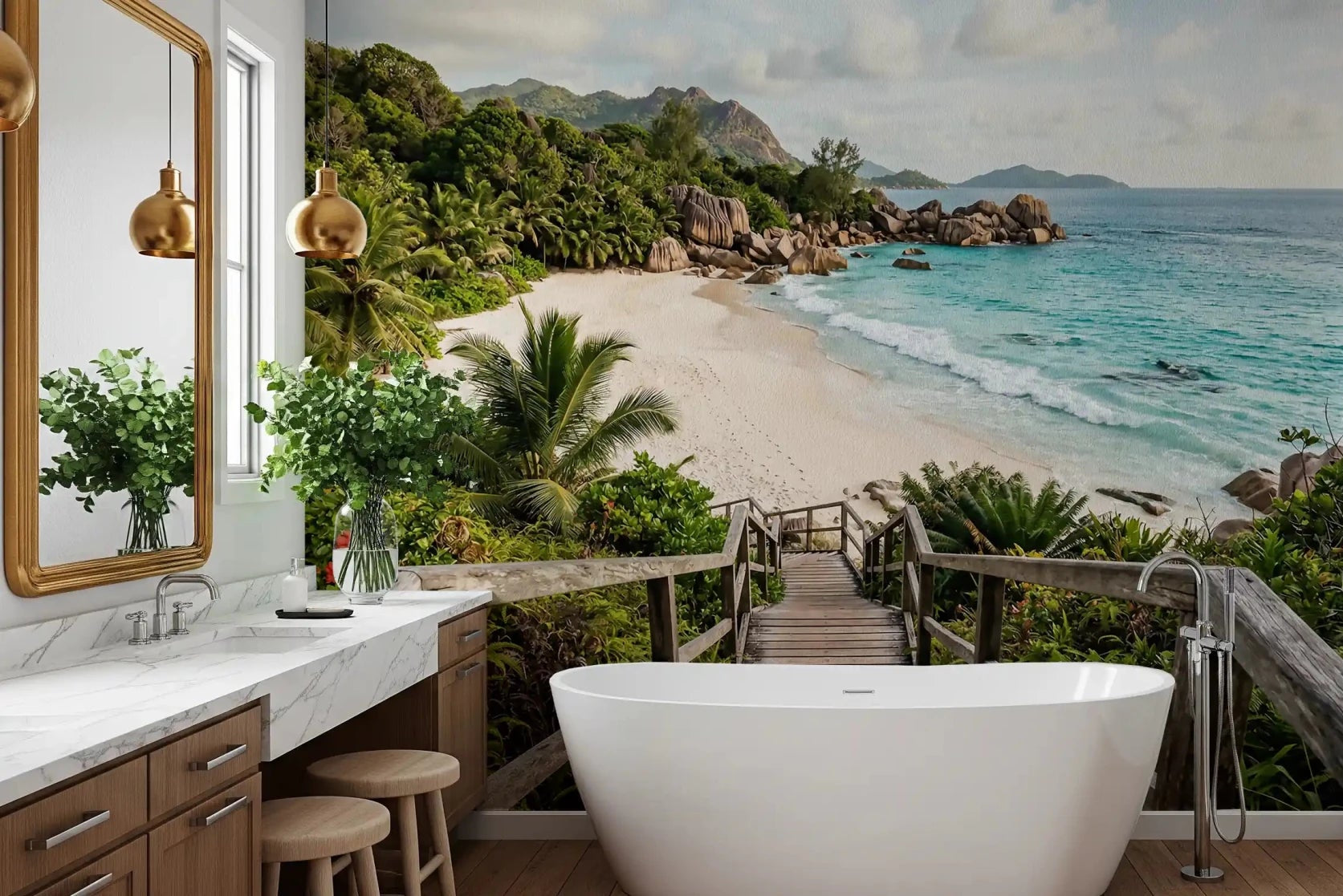 island Turquoise lagoon shores wall mural in a bathroom GD9622