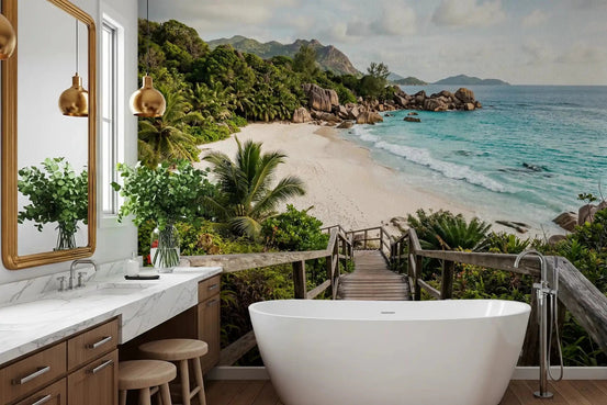 island Turquoise lagoon shores wall mural in a bathroom GD9622