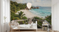 Close-up of Island Steps wall mural showing palm fronds, wooden steps, and turquoise wate GD9622
