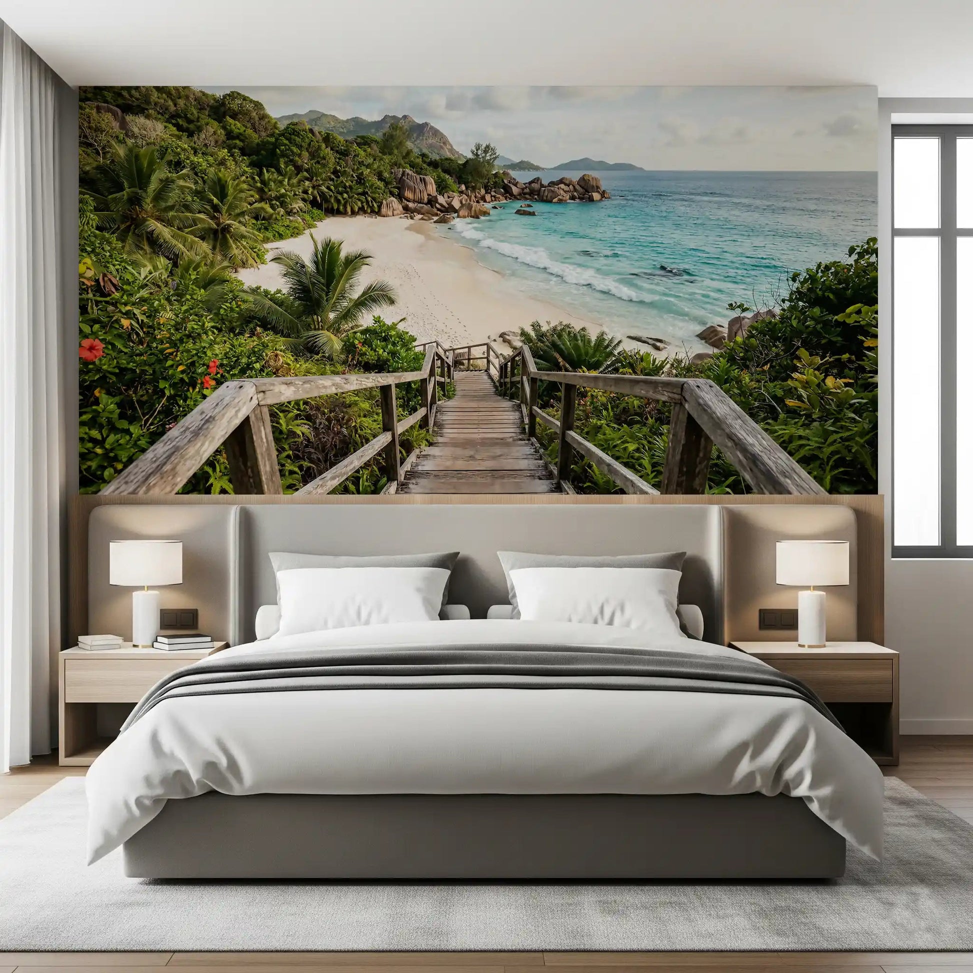 Bedroom with a tan armchair and brass floor lamp set against turquoise lagoon wall mural GD9622