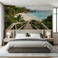 Bedroom with a tan armchair and brass floor lamp set against turquoise lagoon wall mural GD9622