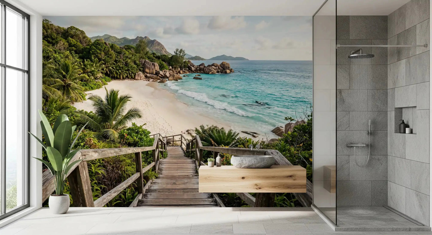 Bathroom with tropical beach wallpaper mural behind a minimalist wooden desk and brass pendant lamp (102)GD9622