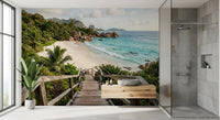 Bathroom with tropical beach wallpaper mural behind a minimalist wooden desk and brass pendant lamp (102)GD9622