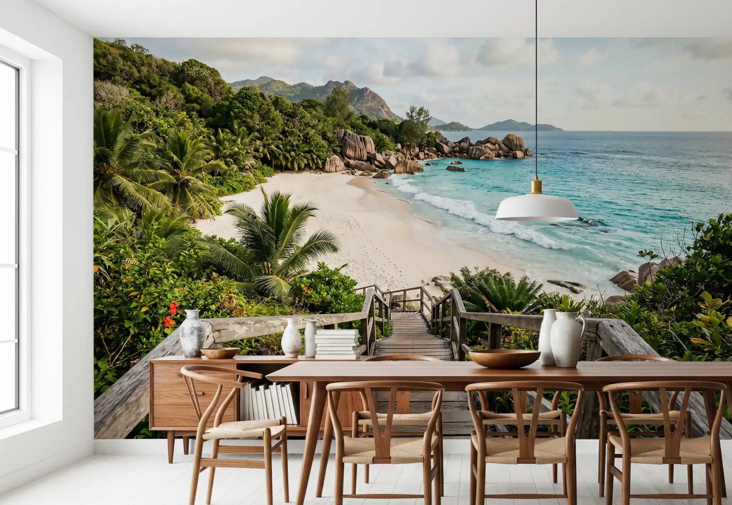 Dining room styled with Island Steps wall mural, a slim teak console, and a tall ceramic vase GD9622