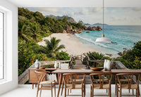 Dining room styled with Island Steps wall mural, a slim teak console, and a tall ceramic vase GD9622