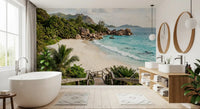 Island Steps wall mural sample showing turquoise lagoon, palms, and wooden step GD9622