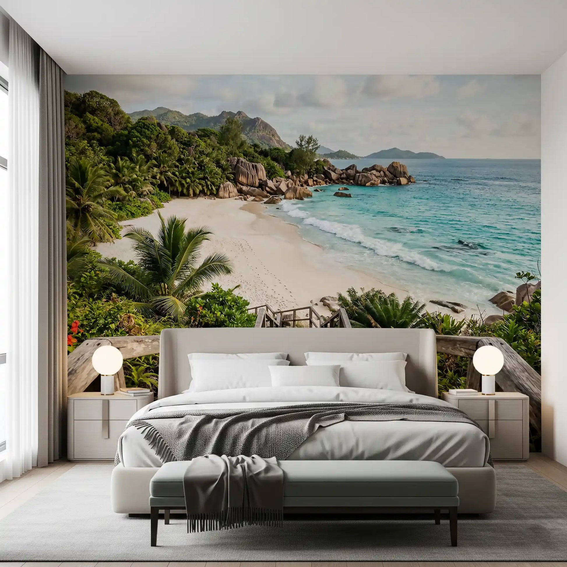 Bedroom with tropical beach wallpaper mural behind a minimalist wooden desk and brass pendant lamp GD9622