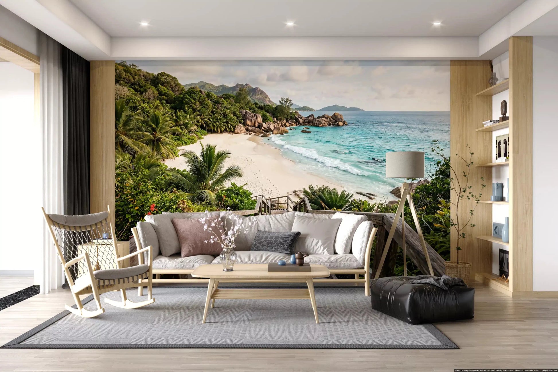 Living room with linen sofa and wooden coffee table styled against Island Steps wall muralGD9622
