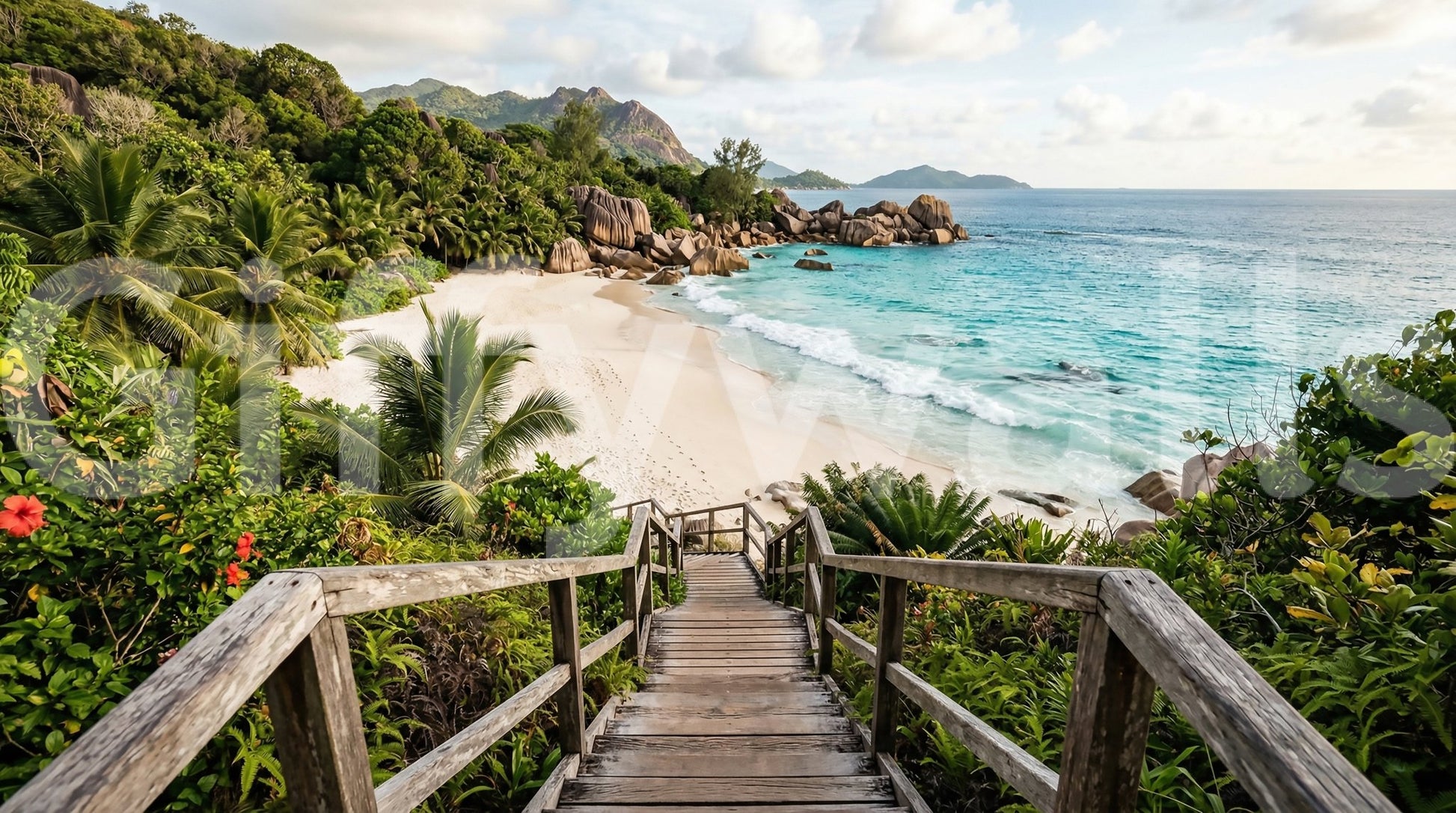 island Steps wall mural sample showing turquoise lagoon, palms, and wooden stepsGD9622