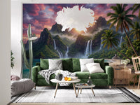 Green sofa living area styled with Island Waterfalls Wall Mural as a focal wall, GD8926