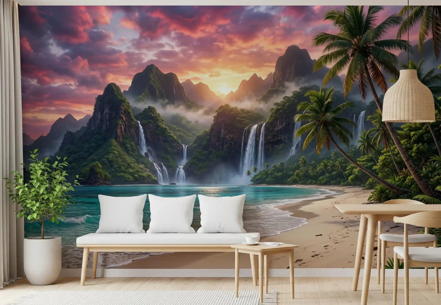 Island Waterfalls Wall Mural brightening a dining nook with light wood seating, GD8926