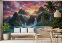 Island Waterfalls Wall Mural brightening a dining nook with light wood seating, GD8926