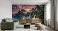 Low console styling with Island Waterfalls Wall Mural in a sleek living room, GD8926