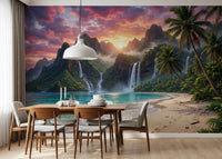 Island Waterfalls Wall Mural paired with a wood table in a relaxed dining space, GD8926