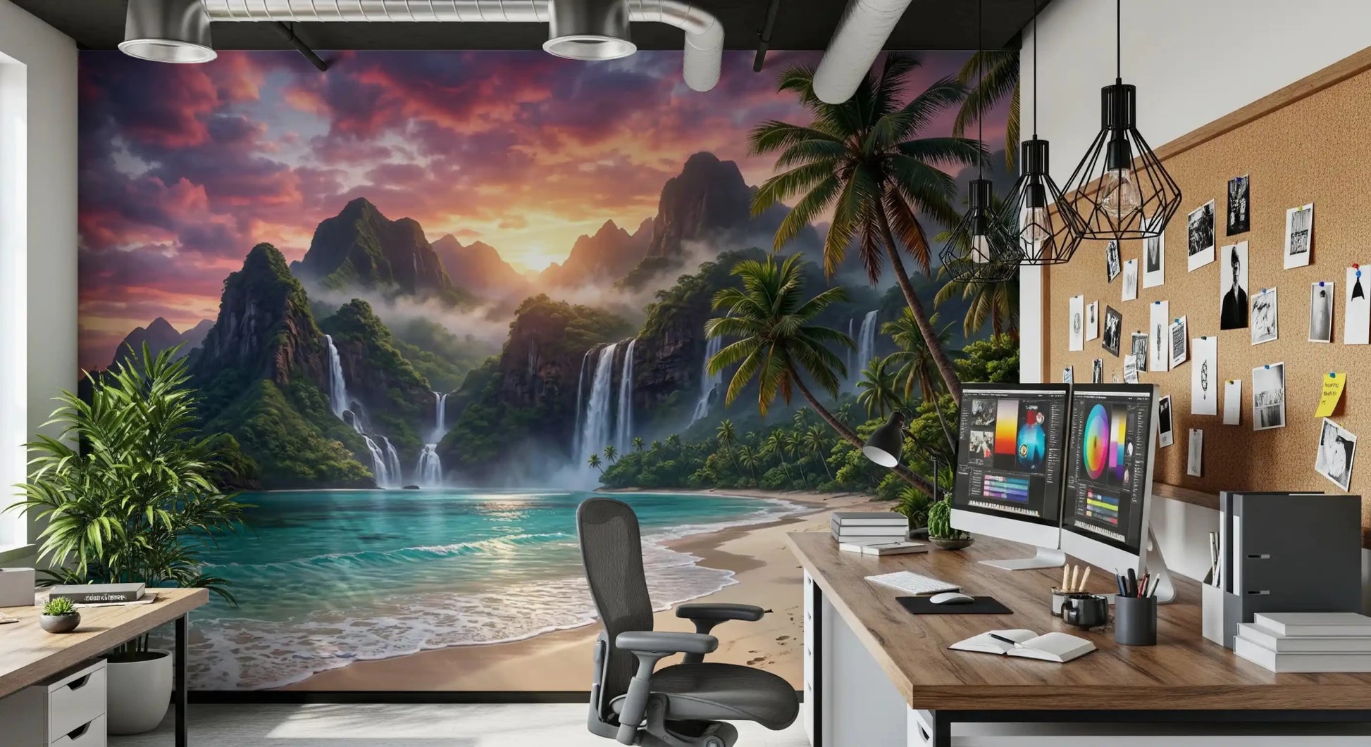 Home office  framed by Island Waterfalls Wall Mural and city views, GD8926