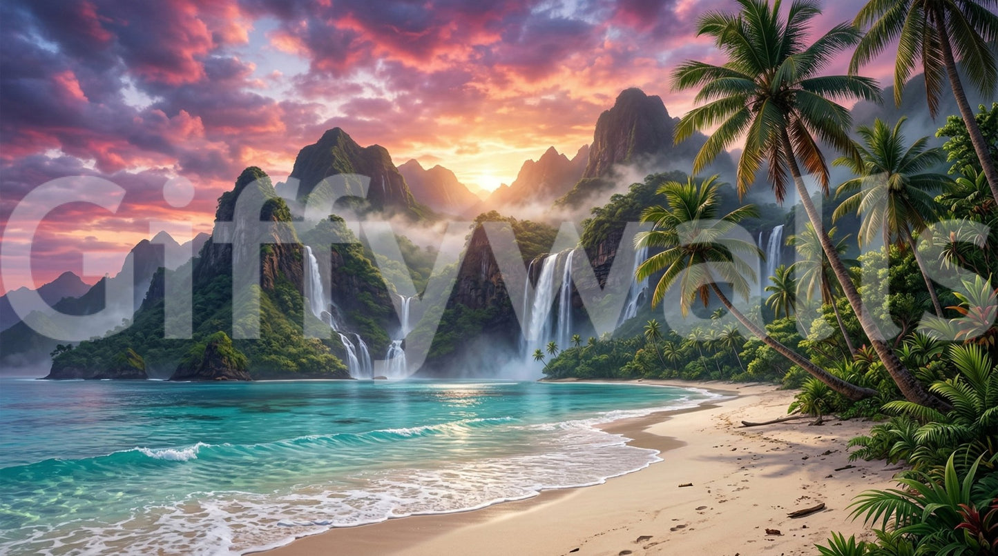 Island Waterfalls Wall Mural with turquoise shore, palms, cliffs, and sunset falls, GD8926
