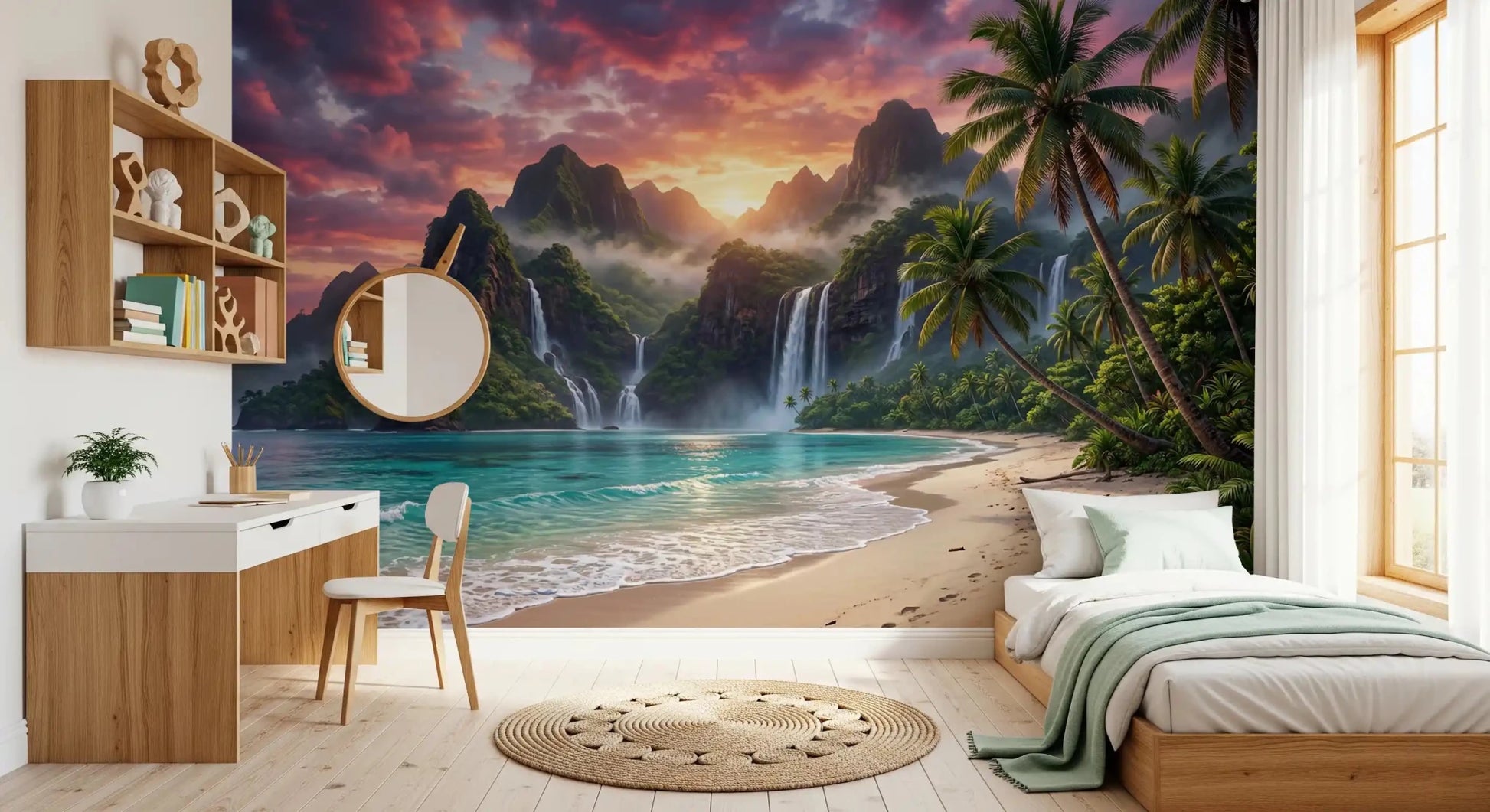 Island Waterfalls Wall Mural above the bed in a warm beige bedroom setting, GD8926