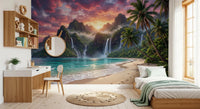 Island Waterfalls Wall Mural above the bed in a warm beige bedroom setting, GD8926