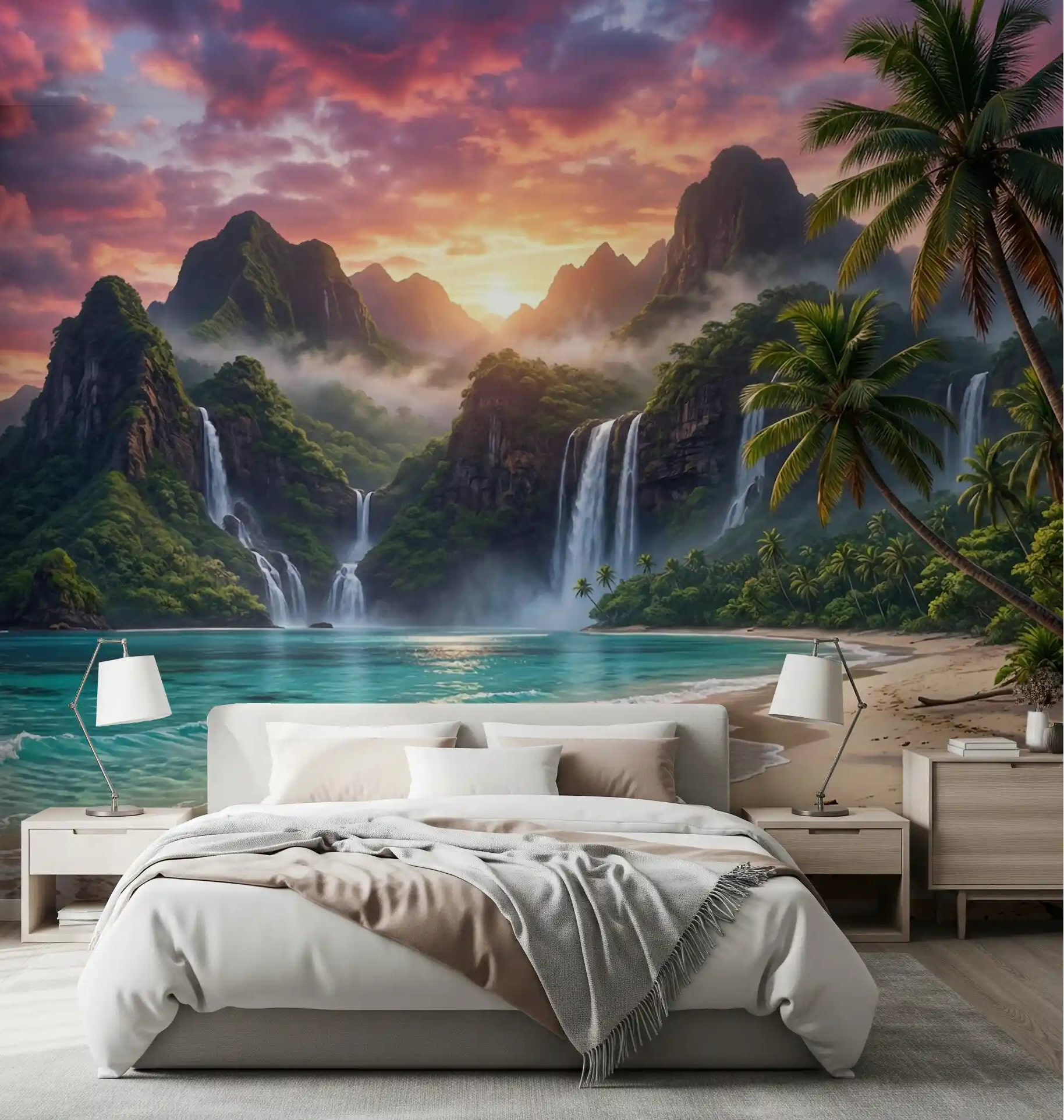 Island Waterfalls Wall Mural behind a bed in a bright modern bedroom, GD8926