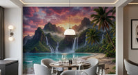 Arched lounge featuring Island Waterfalls Wall Mural and soft neutral seating, GD8926